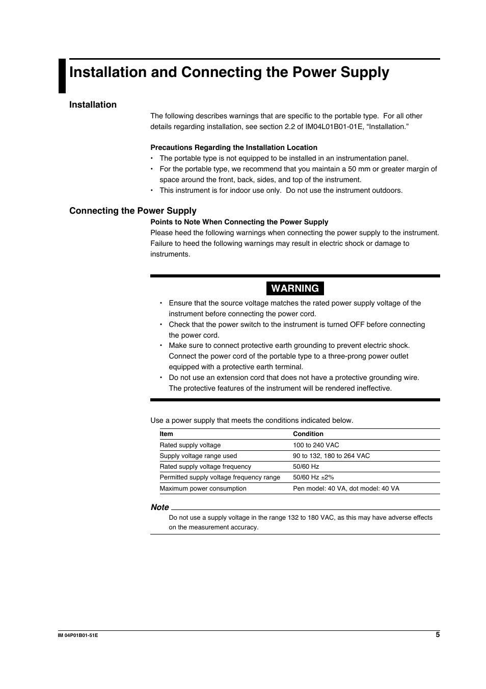 Installation and connecting the power supply, Warning | Yokogawa µR10000 User Manual | Page 6 / 9