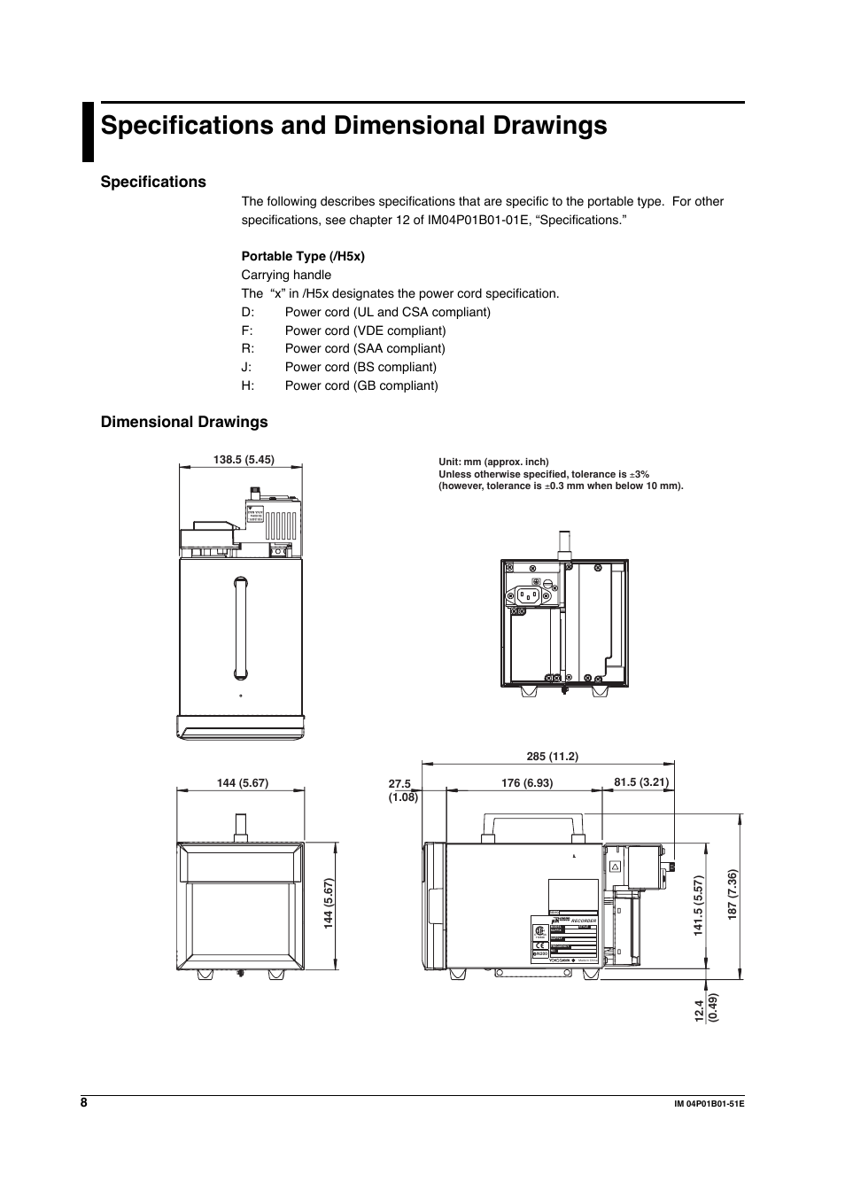 Specifications and dimensional drawings, Specifications, Dimensional drawings | Yokogawa µR10000 User Manual | Page 9 / 9
