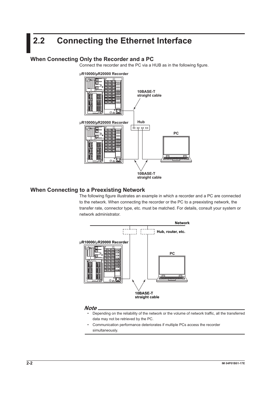 2 connecting the ethernet interface, When connecting only the recorder and a pc, When connecting to a preexisting network | 2 connecting the ethernet interface -2 | Yokogawa µR20000 User Manual | Page 18 / 103