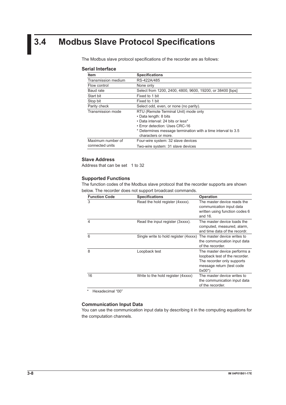 4 modbus slave protocol specifications, 4 modbus slave protocol specifications -8 | Yokogawa µR20000 User Manual | Page 36 / 103