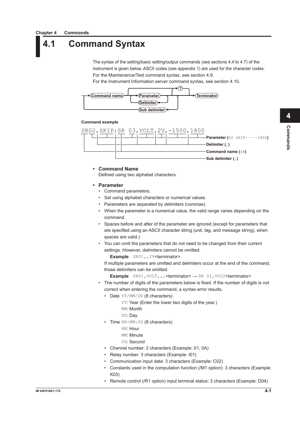 Chapter 4 commands, 1 command syntax, 1 command syntax -1 | App index | Yokogawa µR20000 User Manual | Page 44 / 103