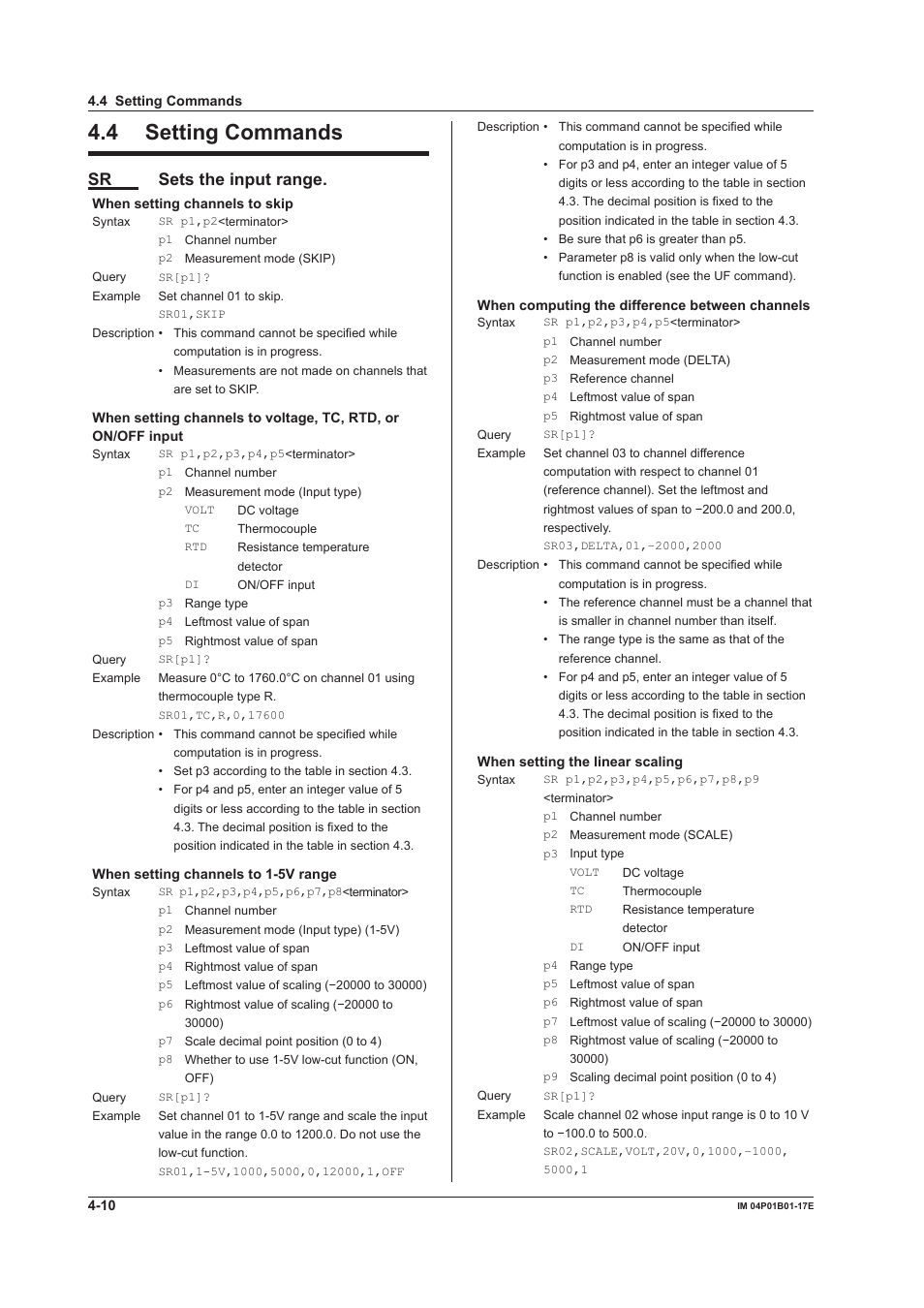 4 setting commands, 4 setting commands -10, Sr sets the input range | Yokogawa µR20000 User Manual | Page 53 / 103