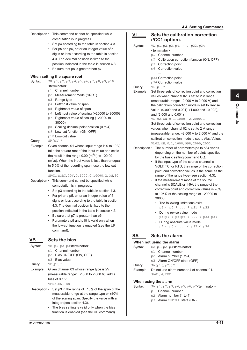 App index, Vb sets the bias, Vl sets the calibration correction (/cc1 option) | Sa sets the alarm | Yokogawa µR20000 User Manual | Page 54 / 103