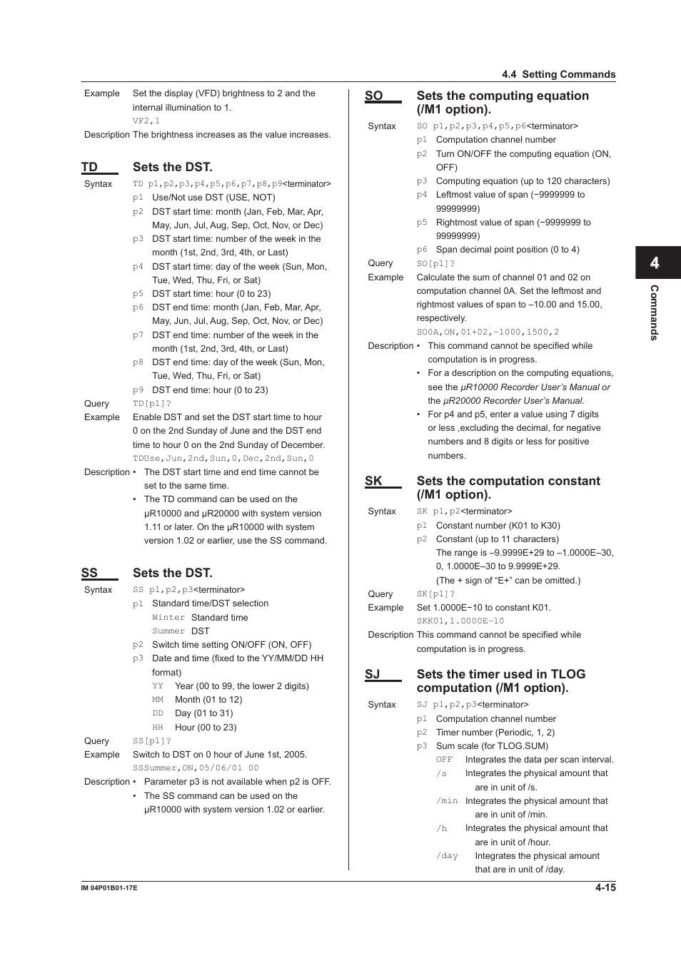 App index, Td sets the dst, Ss sets the dst | So sets the computing equation (/m1 option), Sk sets the computation constant (/m1 option) | Yokogawa µR20000 User Manual | Page 58 / 103