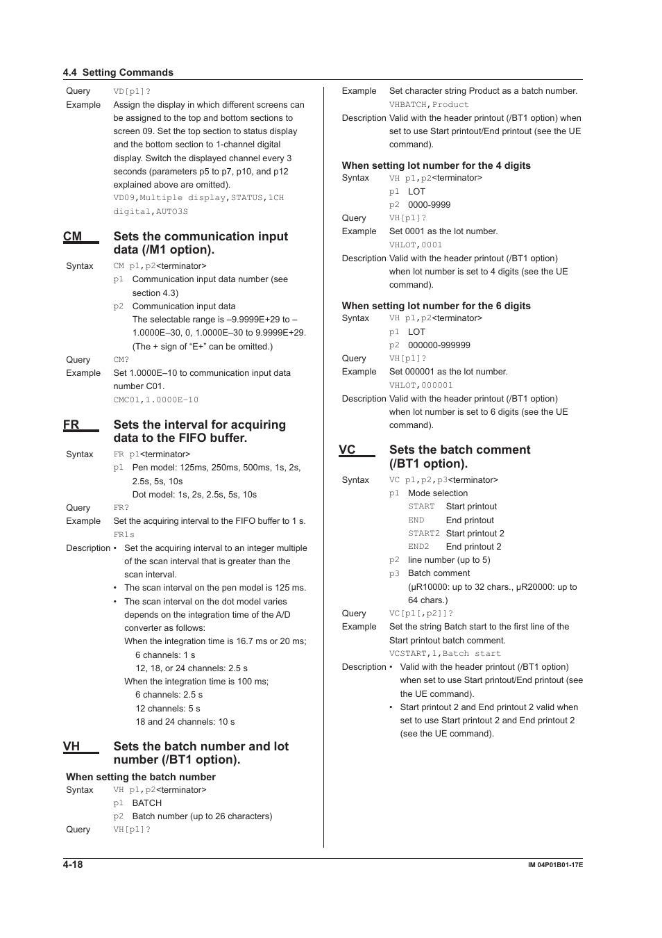 Cm sets the communication input data (/m1 option), Vc sets the batch comment (/bt1 option) | Yokogawa µR20000 User Manual | Page 61 / 103