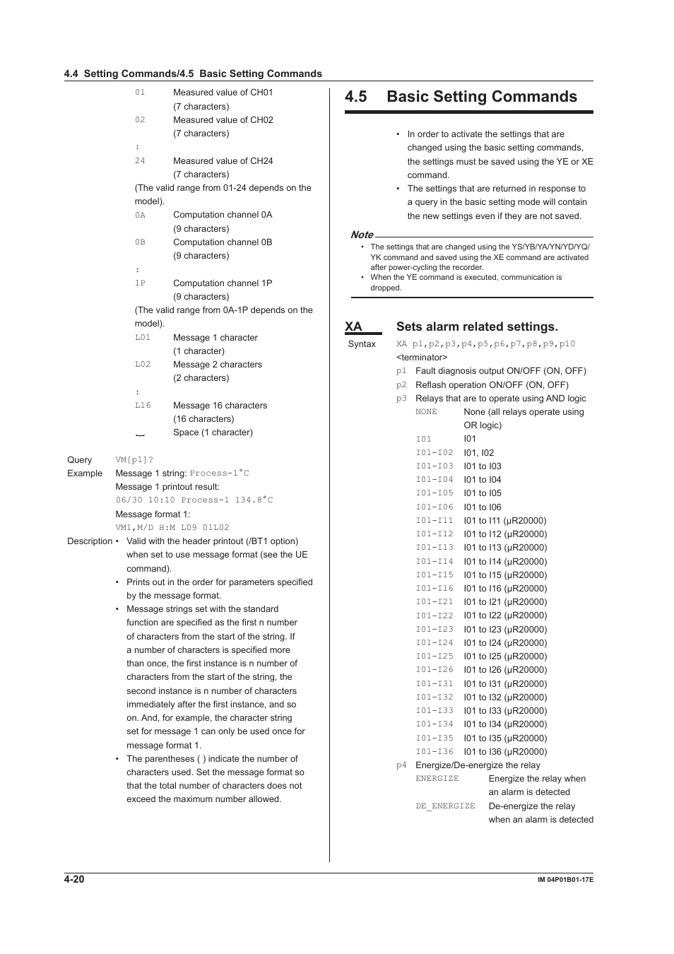 5 basic setting commands, 5 basic setting commands -20, Xa sets alarm related settings | Yokogawa µR20000 User Manual | Page 63 / 103