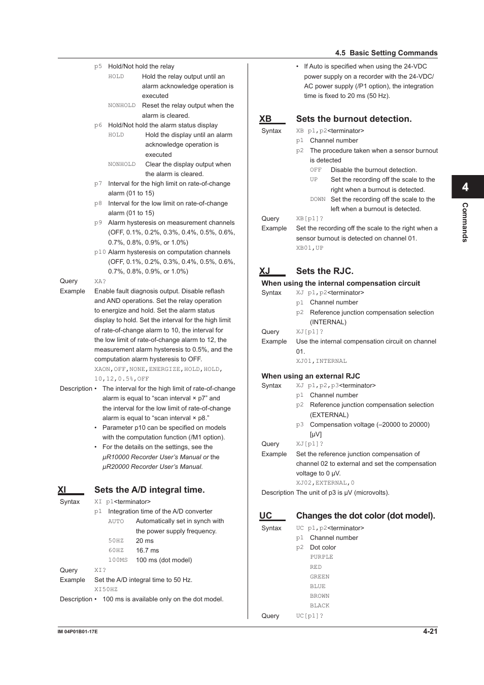 App index, Xi sets the a/d integral time, Xb sets the burnout detection | Xj sets the rjc, Uc changes the dot color (dot model) | Yokogawa µR20000 User Manual | Page 64 / 103