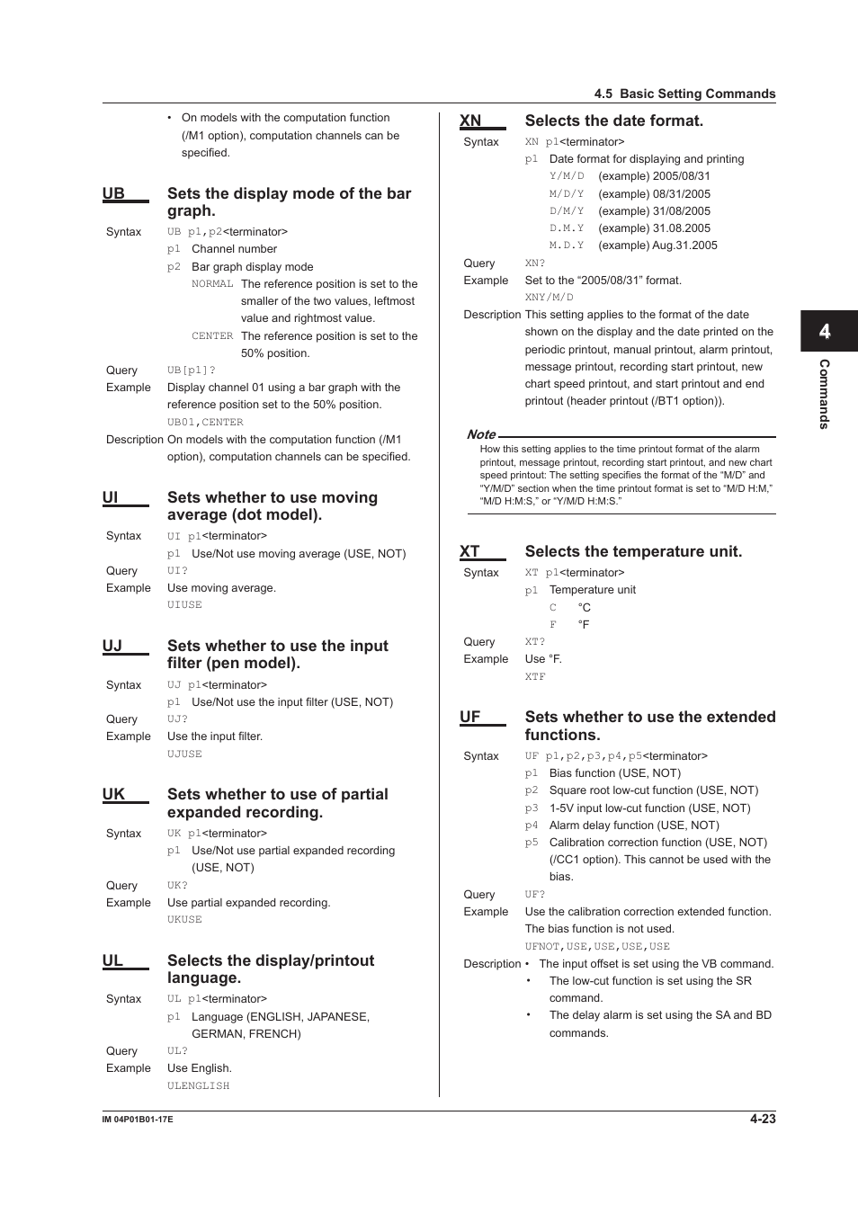 App index, Ub sets the display mode of the bar graph, Ui sets whether to use moving average (dot model) | Ul selects the display/printout language, Xn selects the date format, Xt selects the temperature unit, Uf sets whether to use the extended functions | Yokogawa µR20000 User Manual | Page 66 / 103