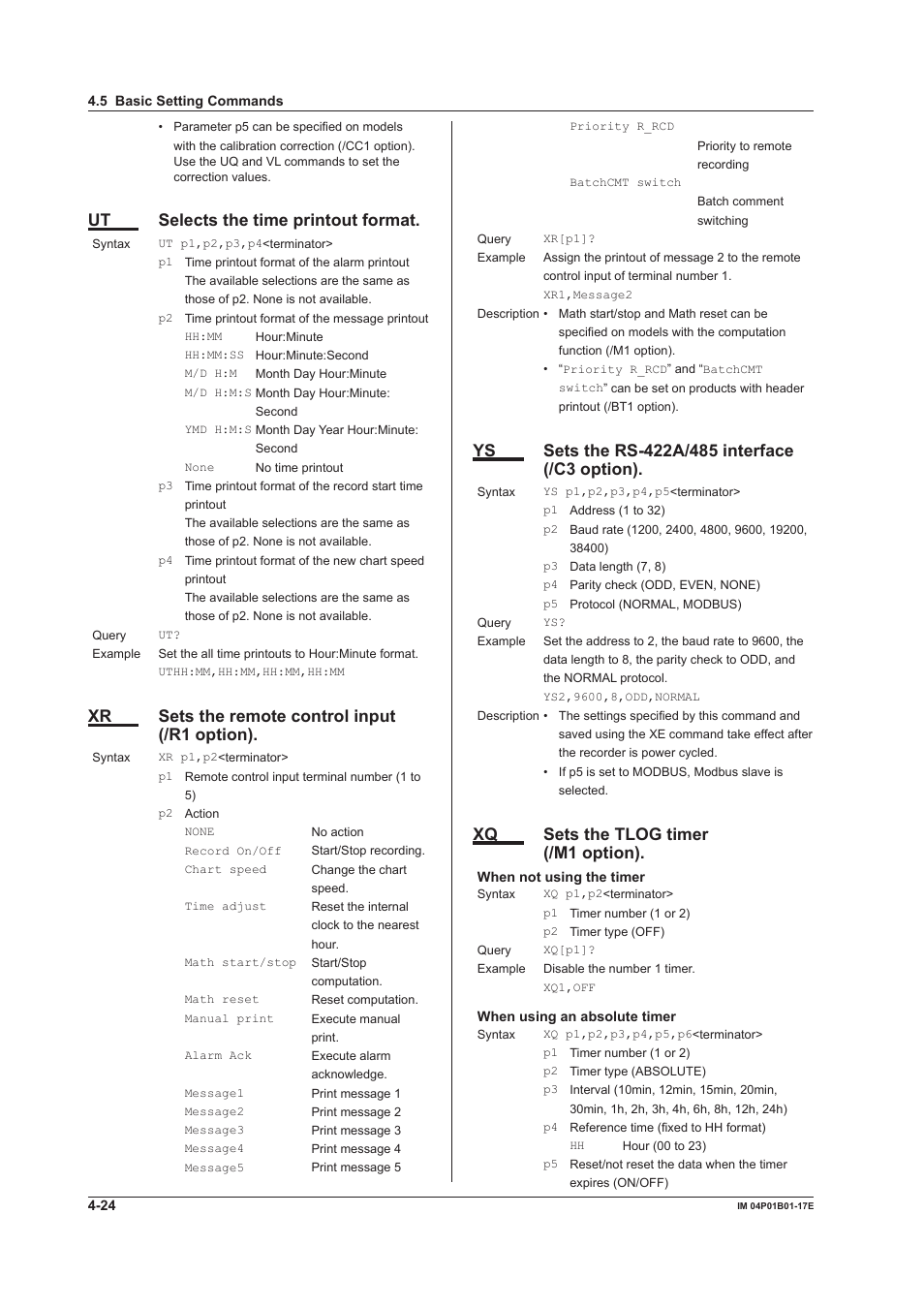 Ut selects the time printout format, Xr sets the remote control input (/r1 option), Xq sets the tlog timer (/m1 option) | Yokogawa µR20000 User Manual | Page 67 / 103