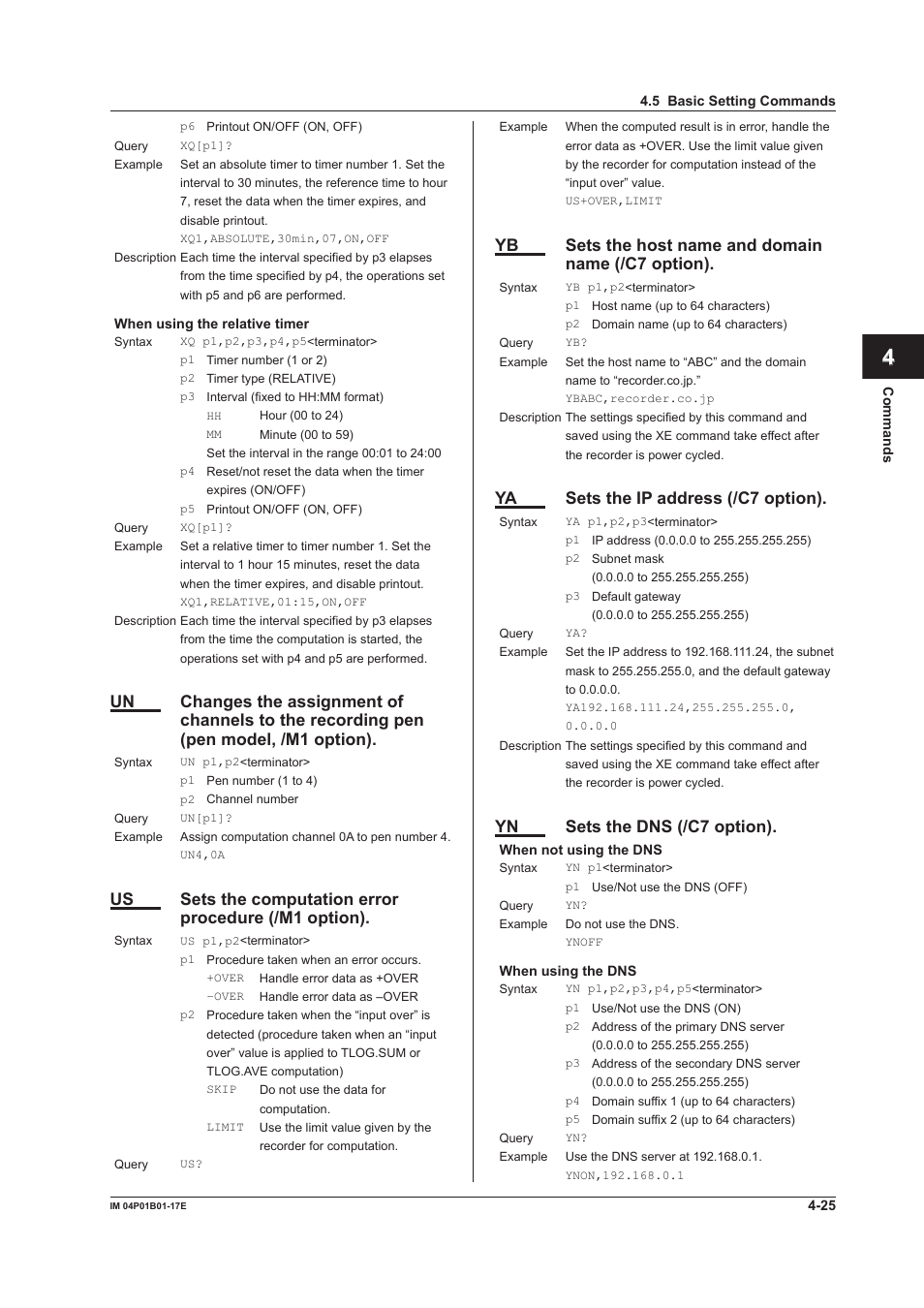 App index, Yb sets the host name and domain name (/c7 option), Ya sets the ip address (/c7 option) | Yn sets the dns (/c7 option) | Yokogawa µR20000 User Manual | Page 68 / 103