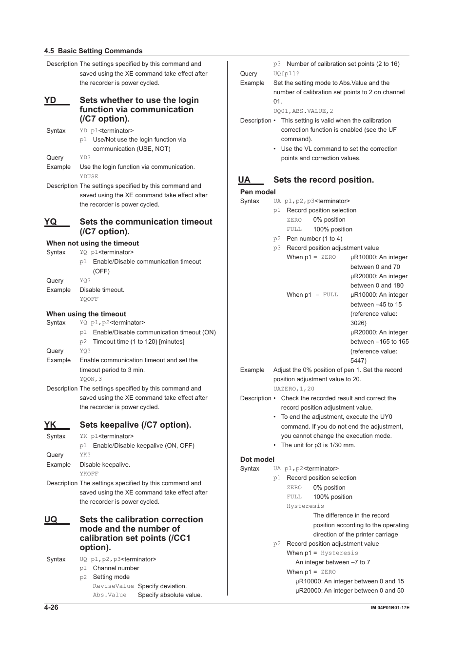 Yq sets the communication timeout (/c7 option), Yk sets keepalive (/c7 option), Ua sets the record position | Yokogawa µR20000 User Manual | Page 69 / 103