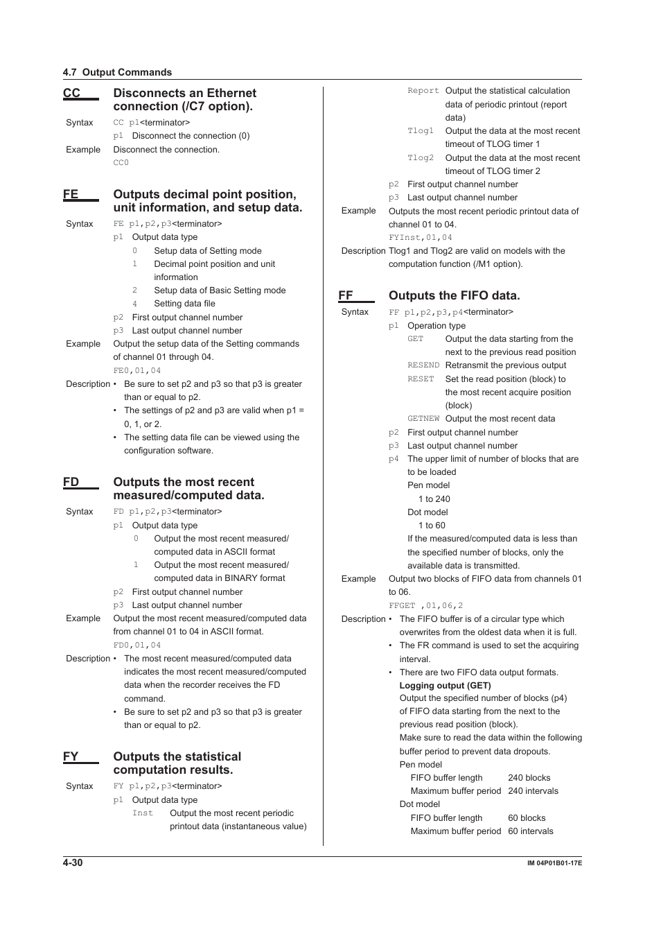 Cc disconnects an ethernet connection (/c7 option), Fd outputs the most recent measured/computed data, Fy outputs the statistical computation results | Ff outputs the fifo data | Yokogawa µR20000 User Manual | Page 73 / 103