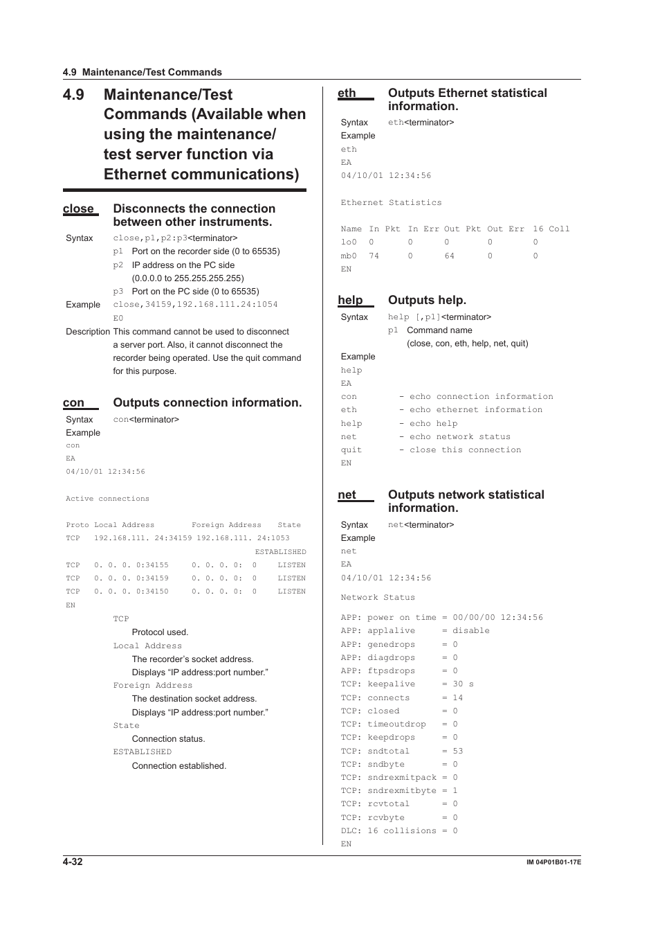 Via ethernet communications) -32, Con outputs connection information, Eth outputs ethernet statistical information | Help outputs help, Net outputs network statistical information | Yokogawa µR20000 User Manual | Page 75 / 103