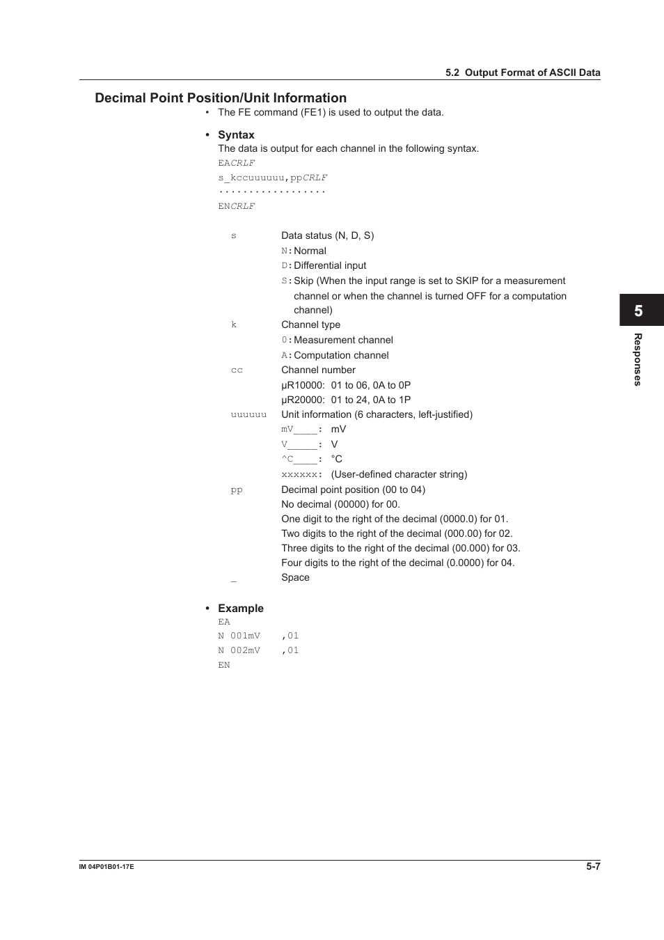 Decimal point position/unit information, Decimal point position/unit information -7 | Yokogawa µR20000 User Manual | Page 83 / 103