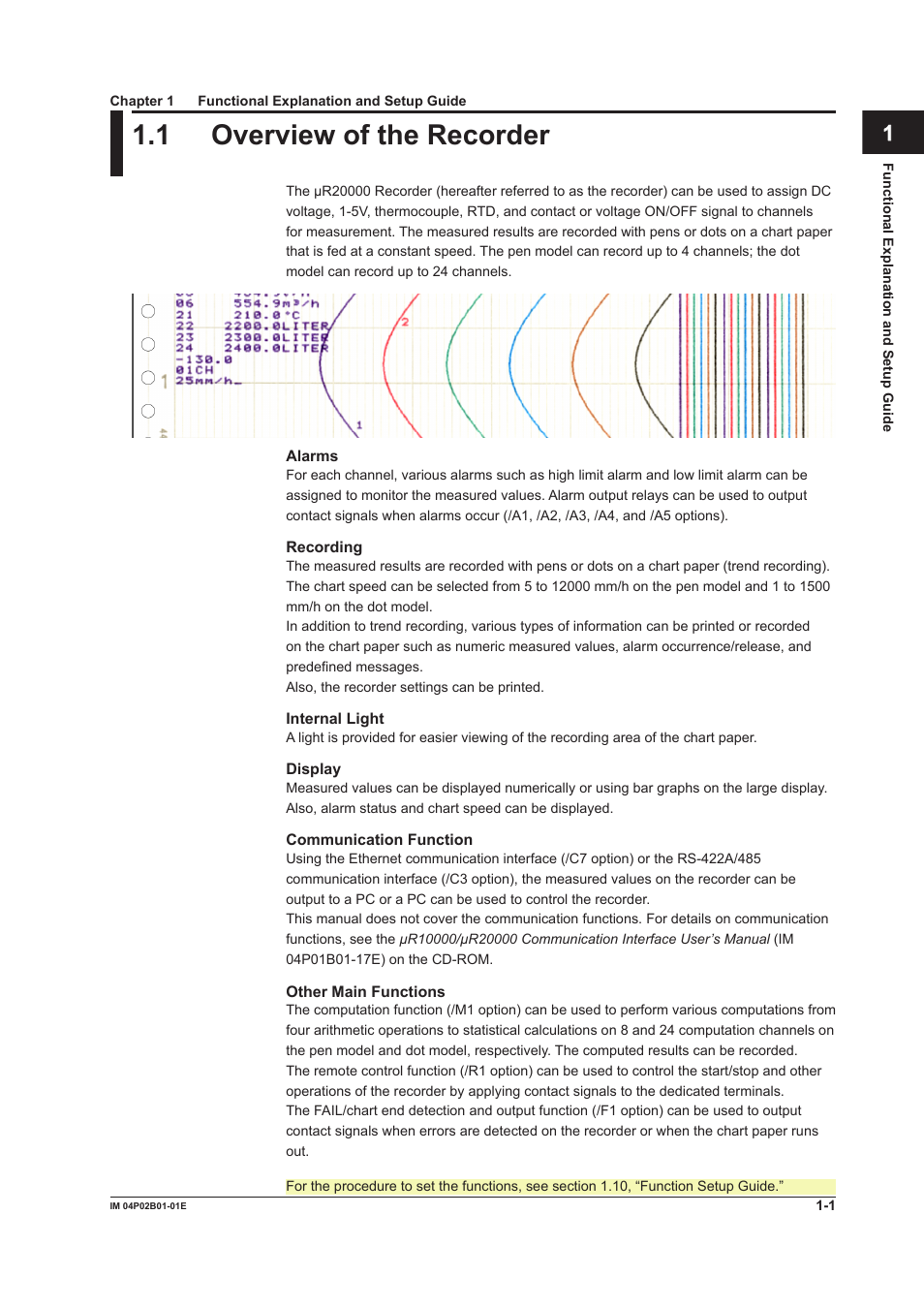 Chapter 1 functional explanation and setup guide, 1 overview of the recorder, Chapter 1 functonal explanaton and setup gude | 1 overview of the recorder -1, 1 overvew of the recorder | Yokogawa µR20000 User Manual | Page 17 / 263