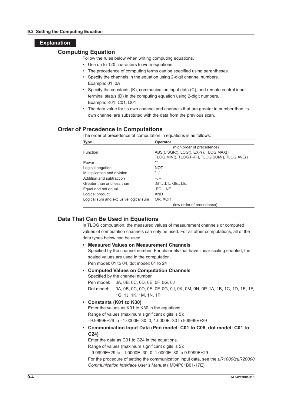 Computng equaton, Order of precedence n computatons, Data that can be used n equatons | Explanaton | Yokogawa µR20000 User Manual | Page 187 / 263