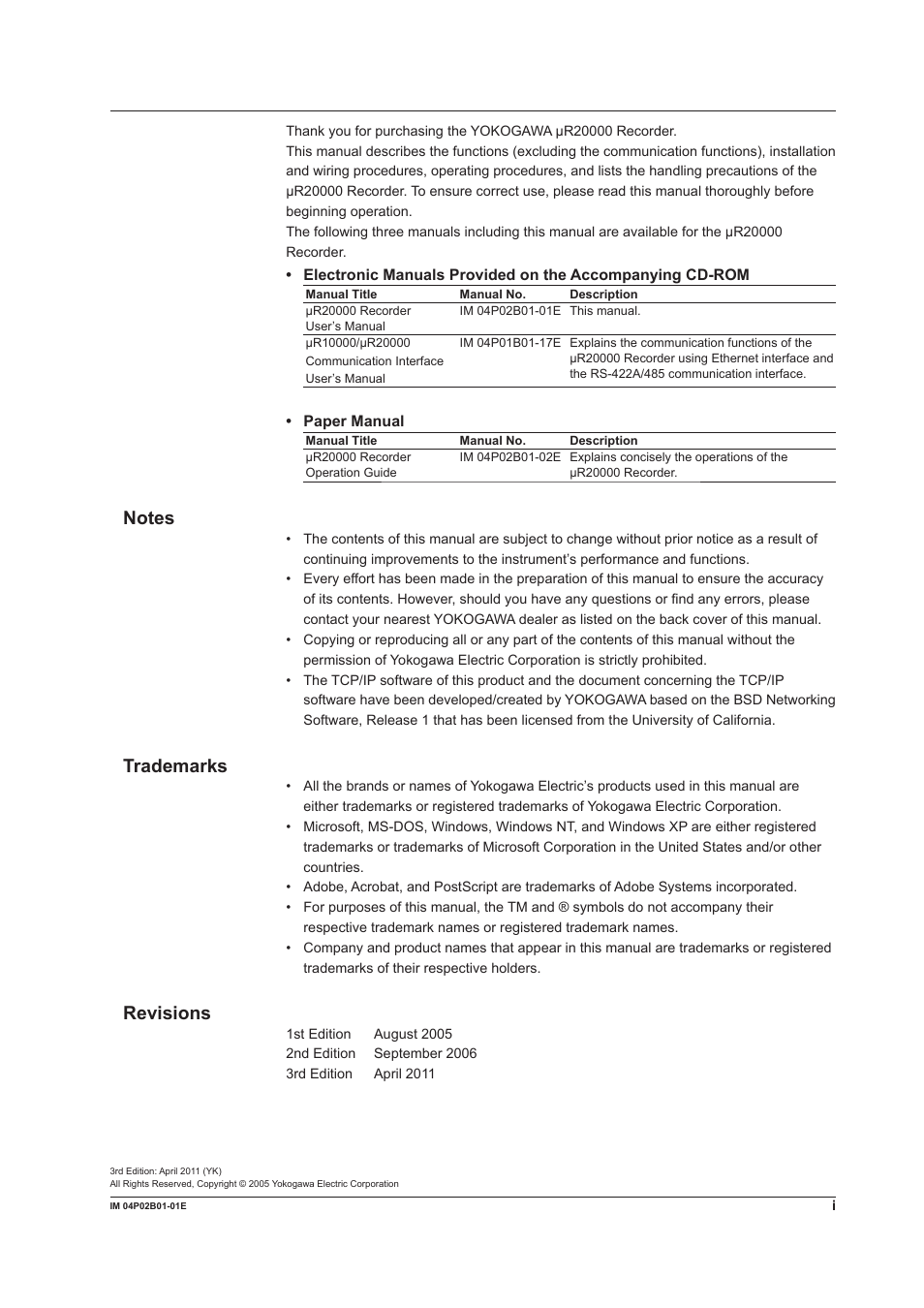 Trademarks, Revsons | Yokogawa µR20000 User Manual | Page 2 / 263