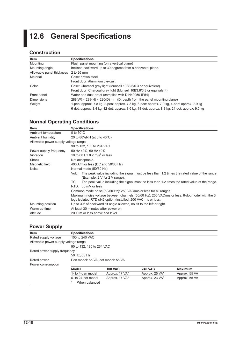 6 general specifications, 6 general specifications -18, 6 general specfcatons | Constructon, Normal operatng condtons, Power supply | Yokogawa µR20000 User Manual | Page 246 / 263