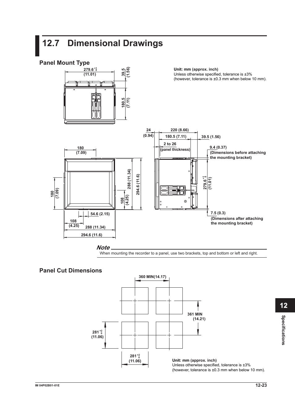 7 dimensional drawings, 7 dimensional drawings -23, 7 dmensonal drawngs | App index, Panel mount type, Panel cut dmensons | Yokogawa µR20000 User Manual | Page 251 / 263