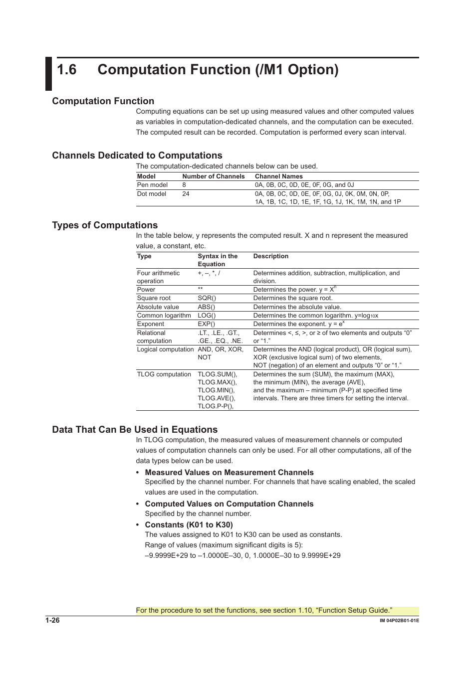 6 computation function (/m1 option), 6 computation function (/m1 option) -26, 6 computaton functon (/m1 opton) | Computaton functon, Channels dedcated to computatons, Types of computatons, Data that can be used n equatons | Yokogawa µR20000 User Manual | Page 42 / 263