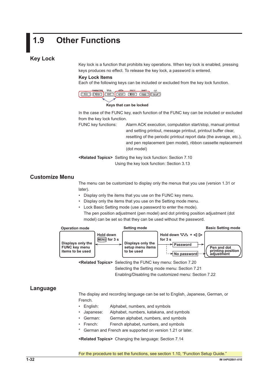 9 other functions, 9 other functions -32, 9 other functons | Key lock, Customze menu, Language, Key lock items | Yokogawa µR20000 User Manual | Page 48 / 263