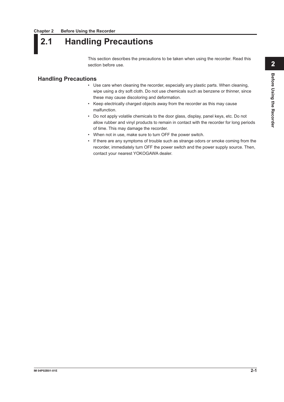 Chapter 2 before using the recorder, 1 handling precautions, Chapter 2 before usng the recorder | 1 handling precautions -1, 1 handlng precautons | Yokogawa µR20000 User Manual | Page 56 / 263