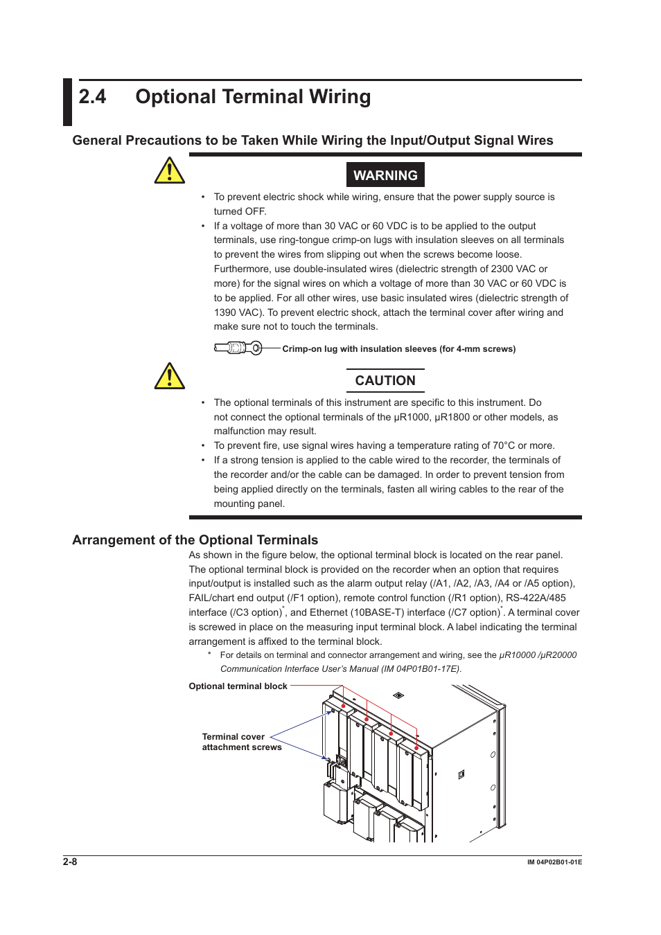 4 optional terminal wiring, 4 optional terminal wiring -8, 4 optonal termnal wrng | Caution, Arrangement of the optonal termnals | Yokogawa µR20000 User Manual | Page 63 / 263