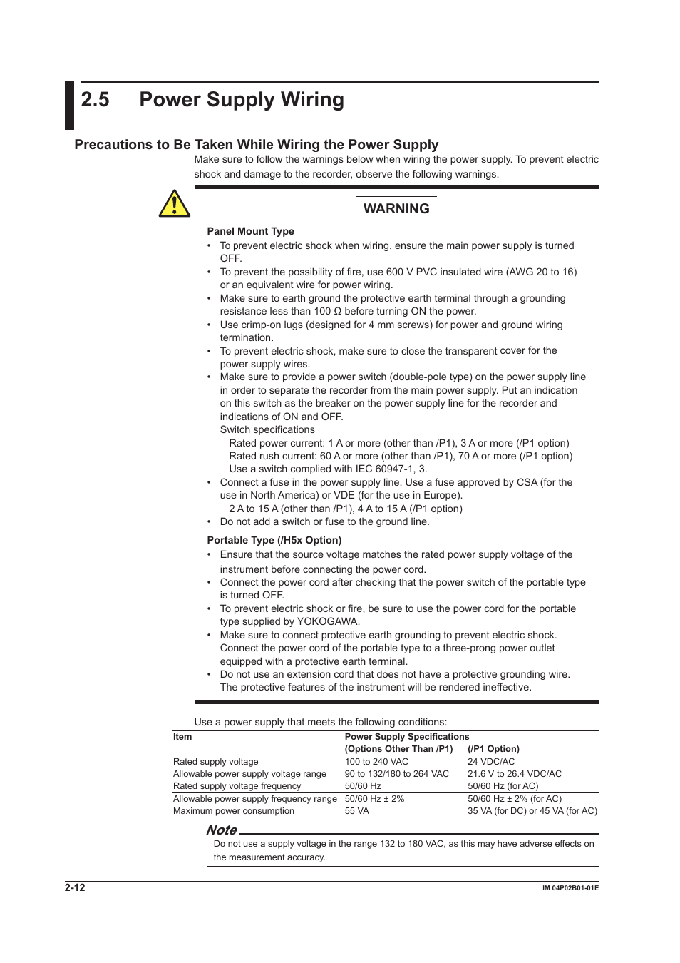 5 power supply wiring, 5 power supply wiring -12, 5 power supply wrng | Warning | Yokogawa µR20000 User Manual | Page 67 / 263