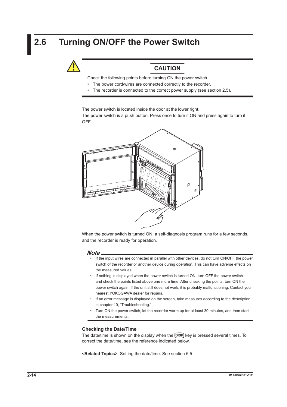 6 turning on/off the power switch, 6 turning on/off the power switch -14, 6 turnng on/off the power swtch | Caution | Yokogawa µR20000 User Manual | Page 69 / 263