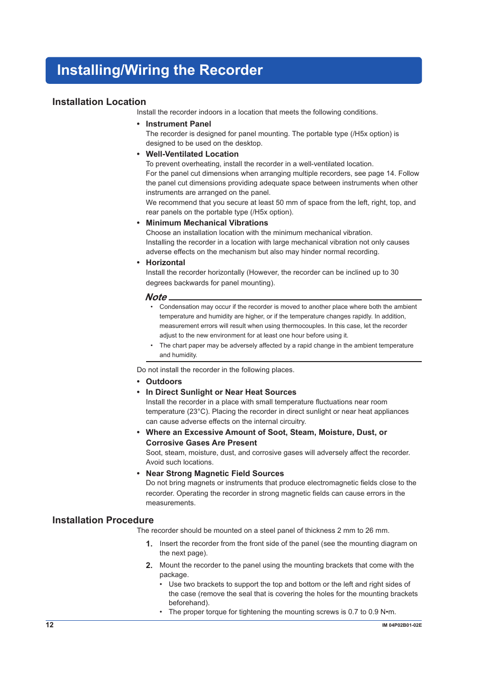 Installing/wiring the recorder, Installation location, Installation procedure | Yokogawa µR20000 User Manual | Page 12 / 59