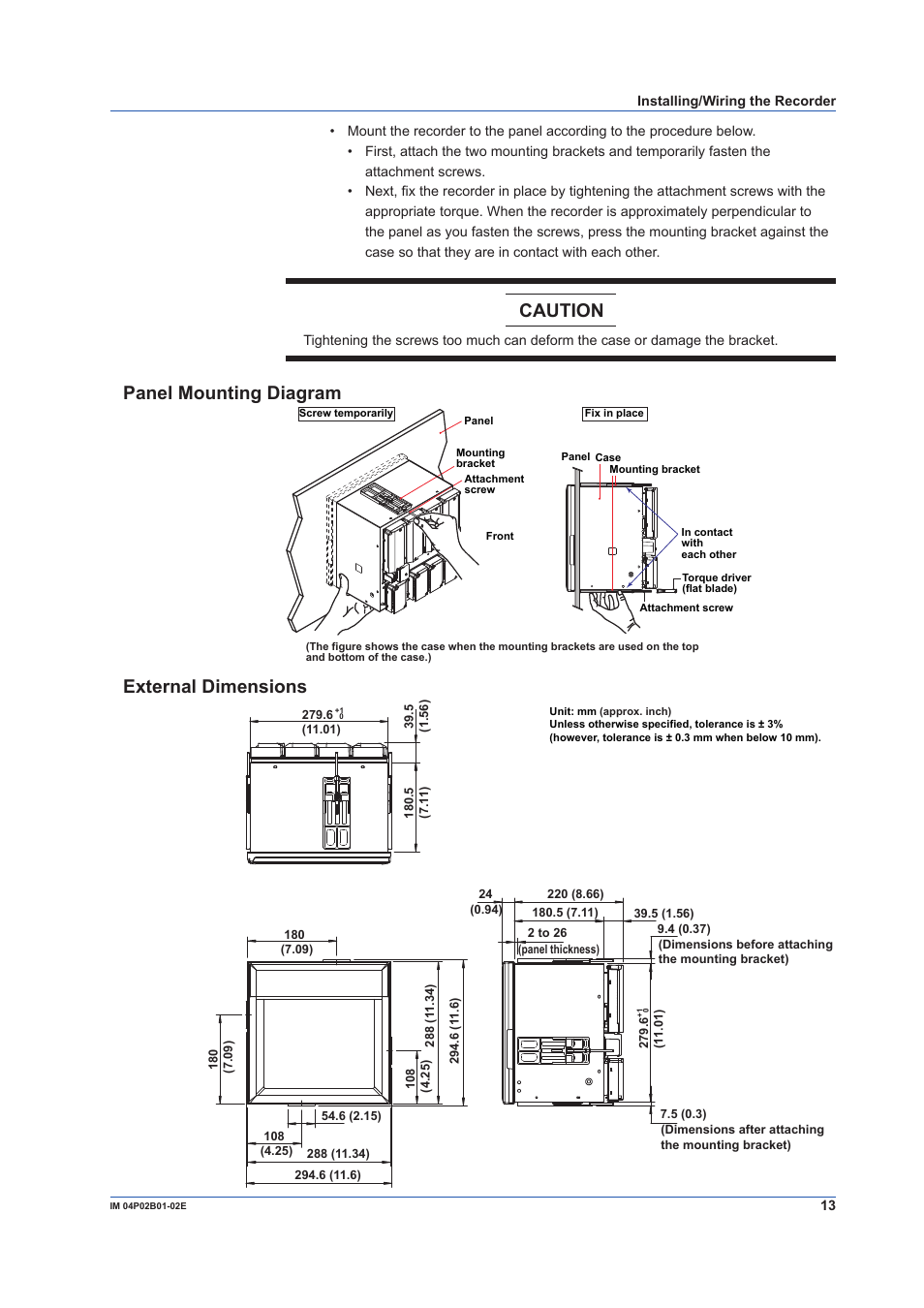 Caution, Panel mounting diagram, External dimensions | Yokogawa µR20000 User Manual | Page 13 / 59