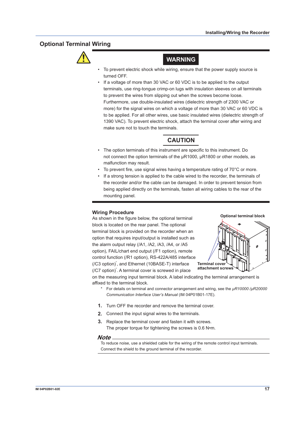 Optional terminal wiring, Optional terminal wiring warning, Caution | Yokogawa µR20000 User Manual | Page 17 / 59