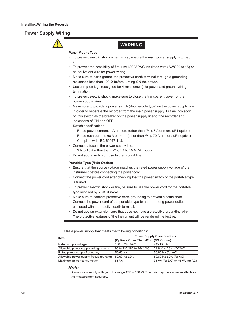 Power supply wiring, Power supply wiring warning | Yokogawa µR20000 User Manual | Page 20 / 59