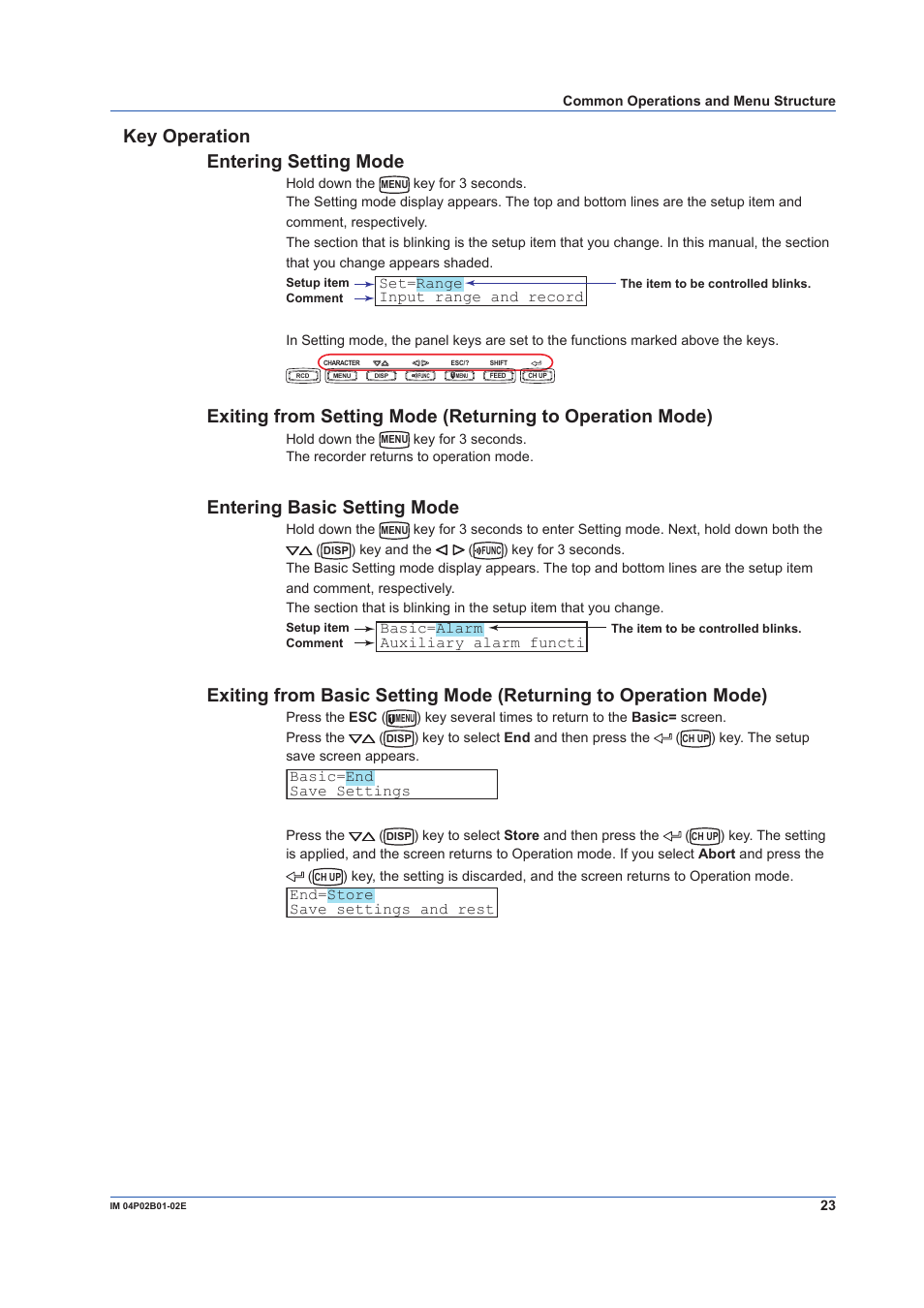 Key operation, Key operation entering setting mode, Entering basic setting mode | Yokogawa µR20000 User Manual | Page 23 / 59