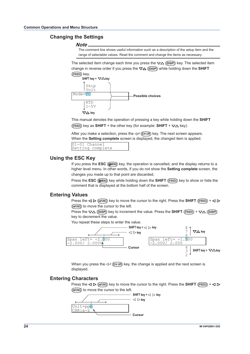 Changing the settings, Using the esc key, Entering values | Entering characters | Yokogawa µR20000 User Manual | Page 24 / 59