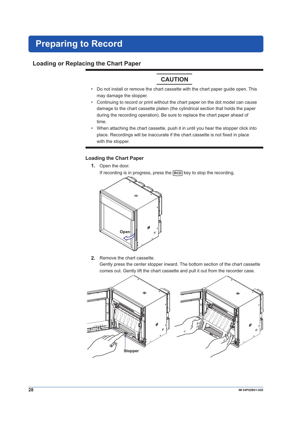 Preparing to record, Loading or replacing the chart paper, Loading or replacing the chart paper caution | Yokogawa µR20000 User Manual | Page 28 / 59