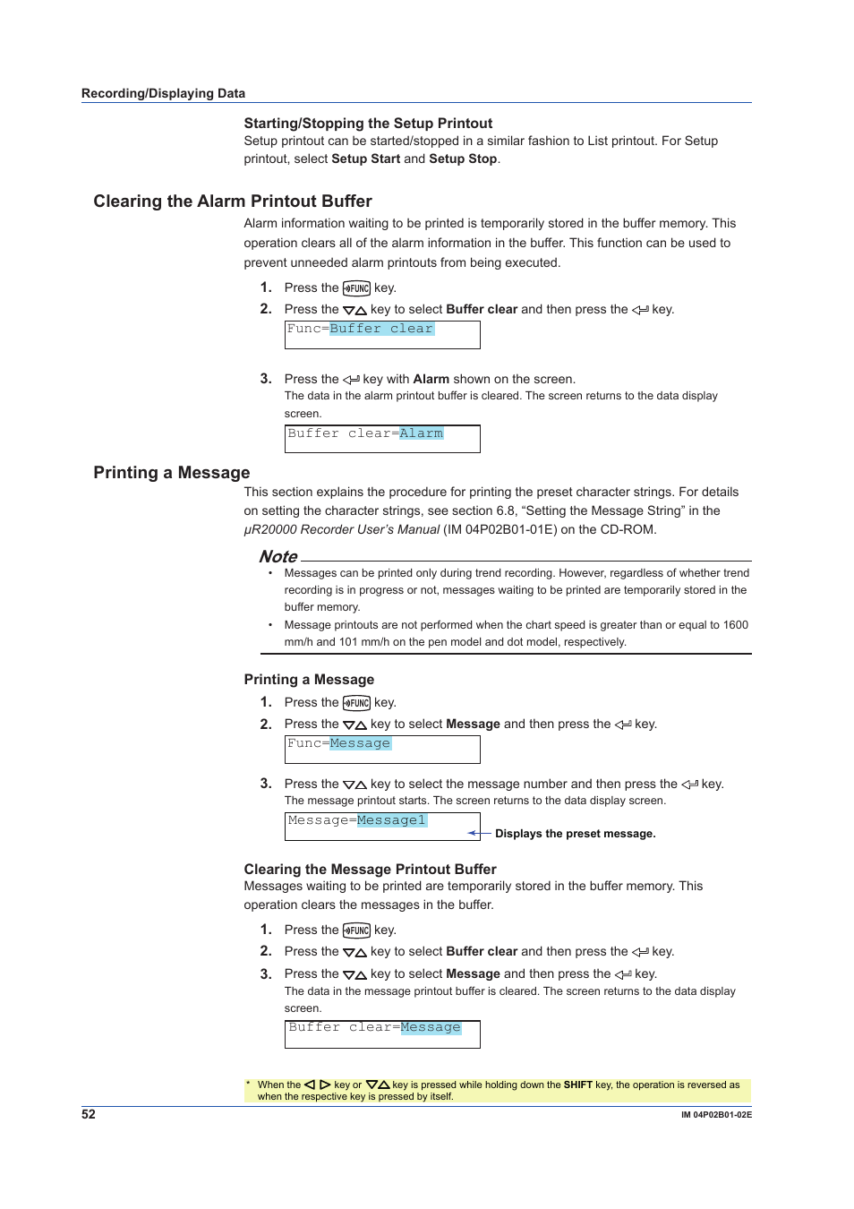 Clearing the alarm printout buffer, Printing a message | Yokogawa µR20000 User Manual | Page 52 / 59