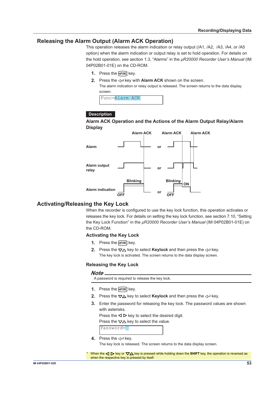 Releasing the alarm output (alarm ack operation), Activating/releasing the key lock | Yokogawa µR20000 User Manual | Page 53 / 59