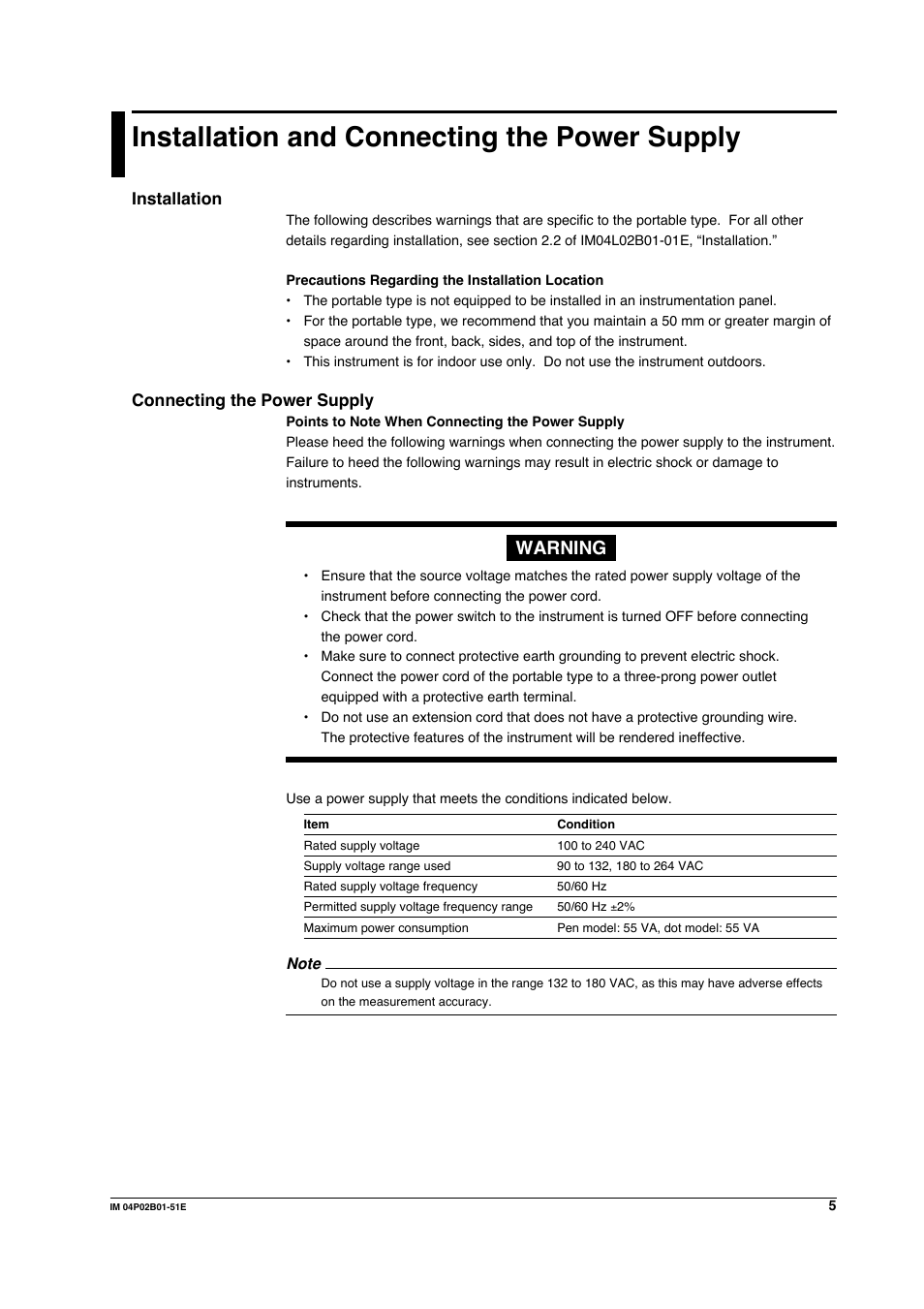 Installation and connecting the power supply, Warning | Yokogawa µR20000 User Manual | Page 6 / 9