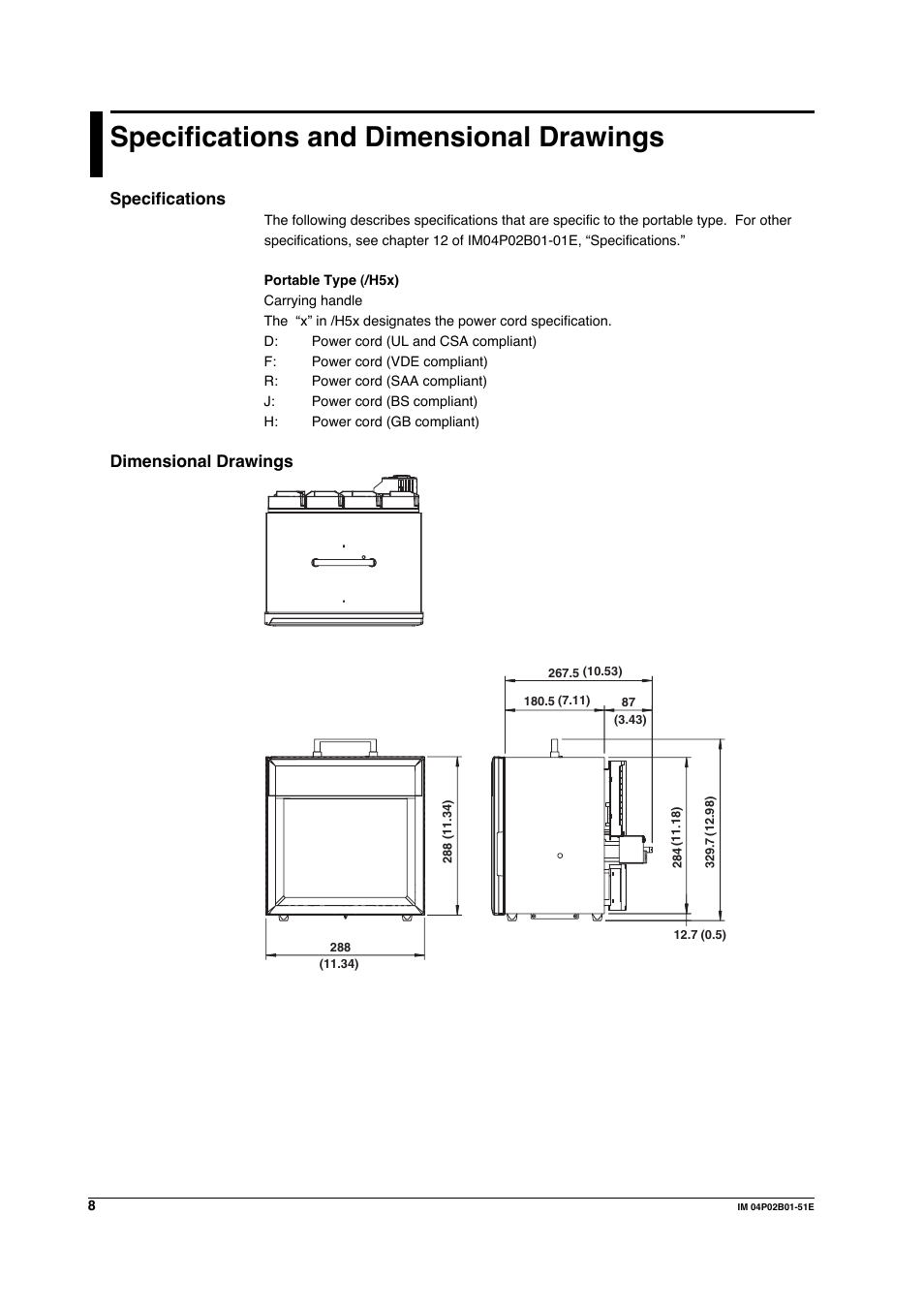 Specifications and dimensional drawings, Specifications, Dimensional drawings | Yokogawa µR20000 User Manual | Page 9 / 9