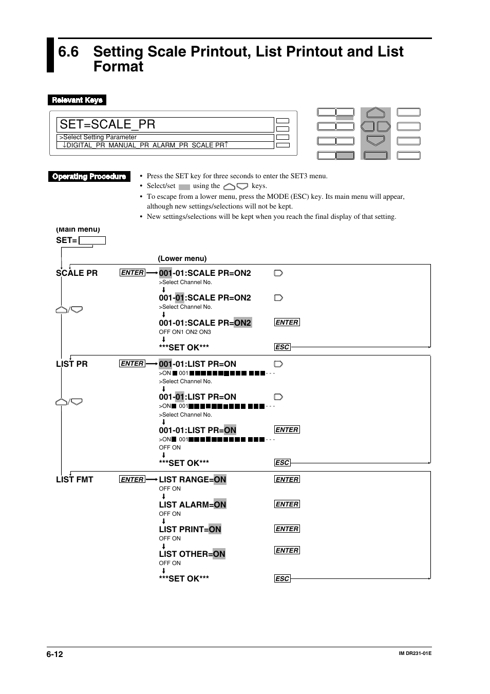 Set=scale_pr, 01:scale pr=on2, 01:list pr=on | Set ok*** list range=on, List alarm=on, List print=on, List other=on, Set ok*** scale pr list pr list fmt | Yokogawa DR240 User Manual | Page 110 / 255