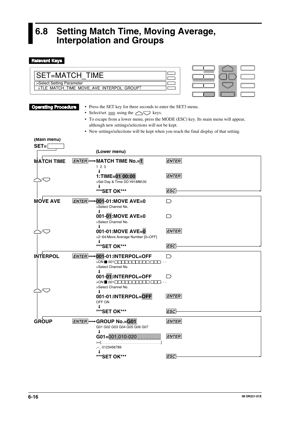 Set=match_time, Match time no.=1, 01:move ave=0 | 01:interpol=off, Set ok*** group no.=g01, Set ok*** match time move ave interpol group | Yokogawa DR240 User Manual | Page 114 / 255