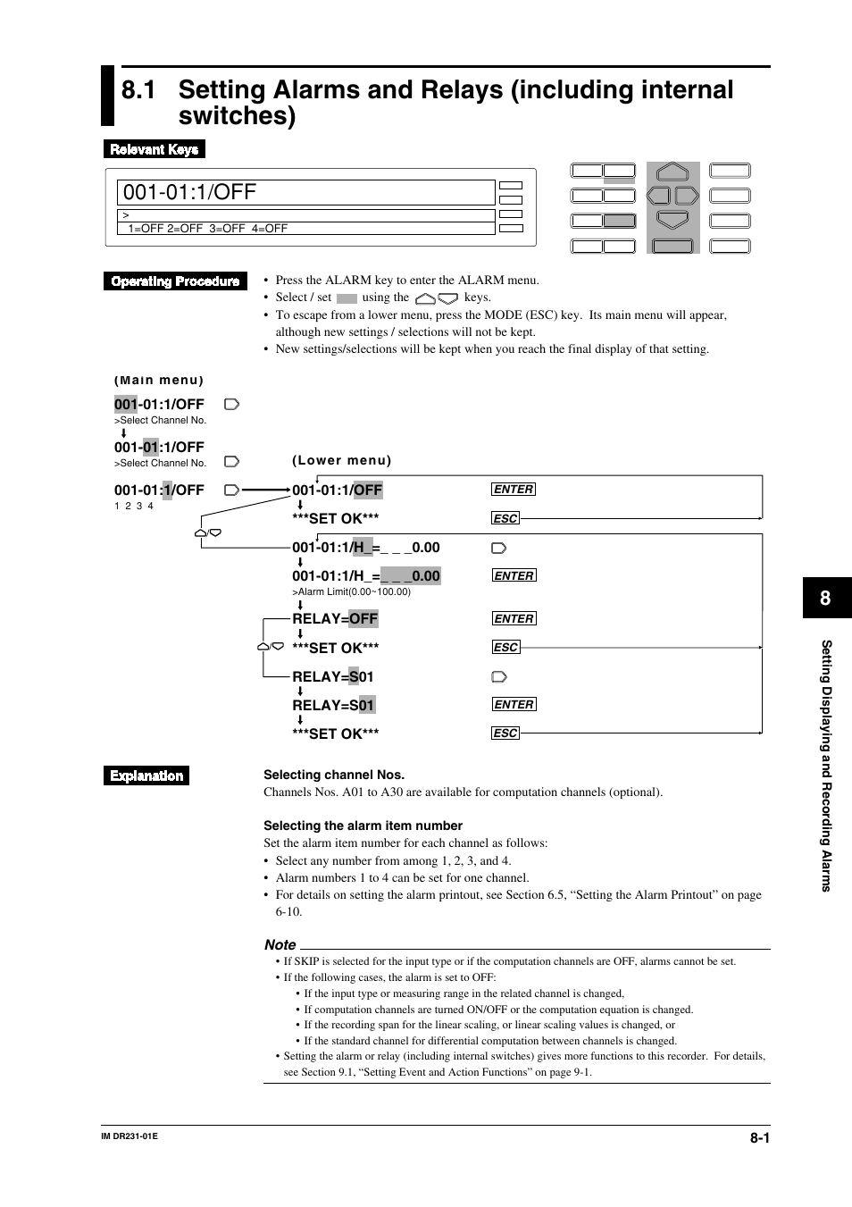 Chapter 8 setting displaying and recording alarms, Chapter 8, Setting displaying and recording alarms | 01:1/off | Yokogawa DR240 User Manual | Page 120 / 255