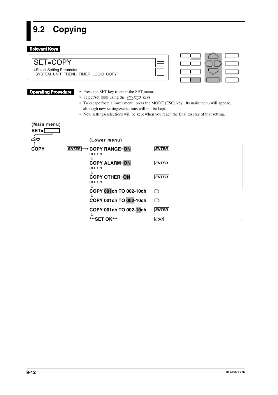 2 copying, Copying -12, Set=copy | Copy range=on, Copy alarm=on, Copy other=on | Yokogawa DR240 User Manual | Page 135 / 255