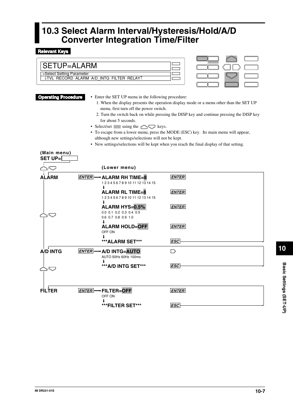 Setup=alarm, Alarm rh time=8, Alarm rl time=8 | Alarm hys=0.5, Alarm hold=off, Alarm set*** a/d intg=auto, A/d intg set*** filter=off, Filter set, Alarm a/d intg filter, Set up | Yokogawa DR240 User Manual | Page 149 / 255