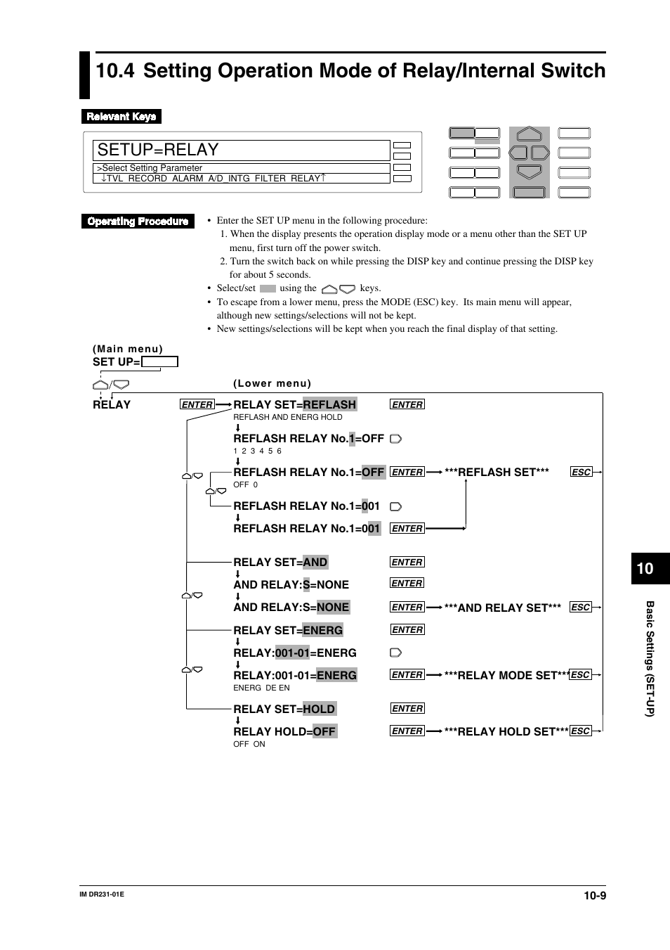 4 setting operation mode of relay/internal switch, Setting operation mode of relay/internal switch -9, Setup=relay | Relay set=reflash, Reflash relay no.1=off, Reflash relay no.1=001, Relay set=hold relay hold=off, Relay, Reflash set, And relay set | Yokogawa DR240 User Manual | Page 151 / 255