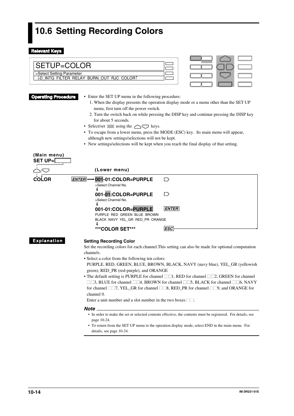 6 setting recording colors, Setting recording colors -14, Setup=color | 01:color=purple, Color set, Set up | Yokogawa DR240 User Manual | Page 156 / 255