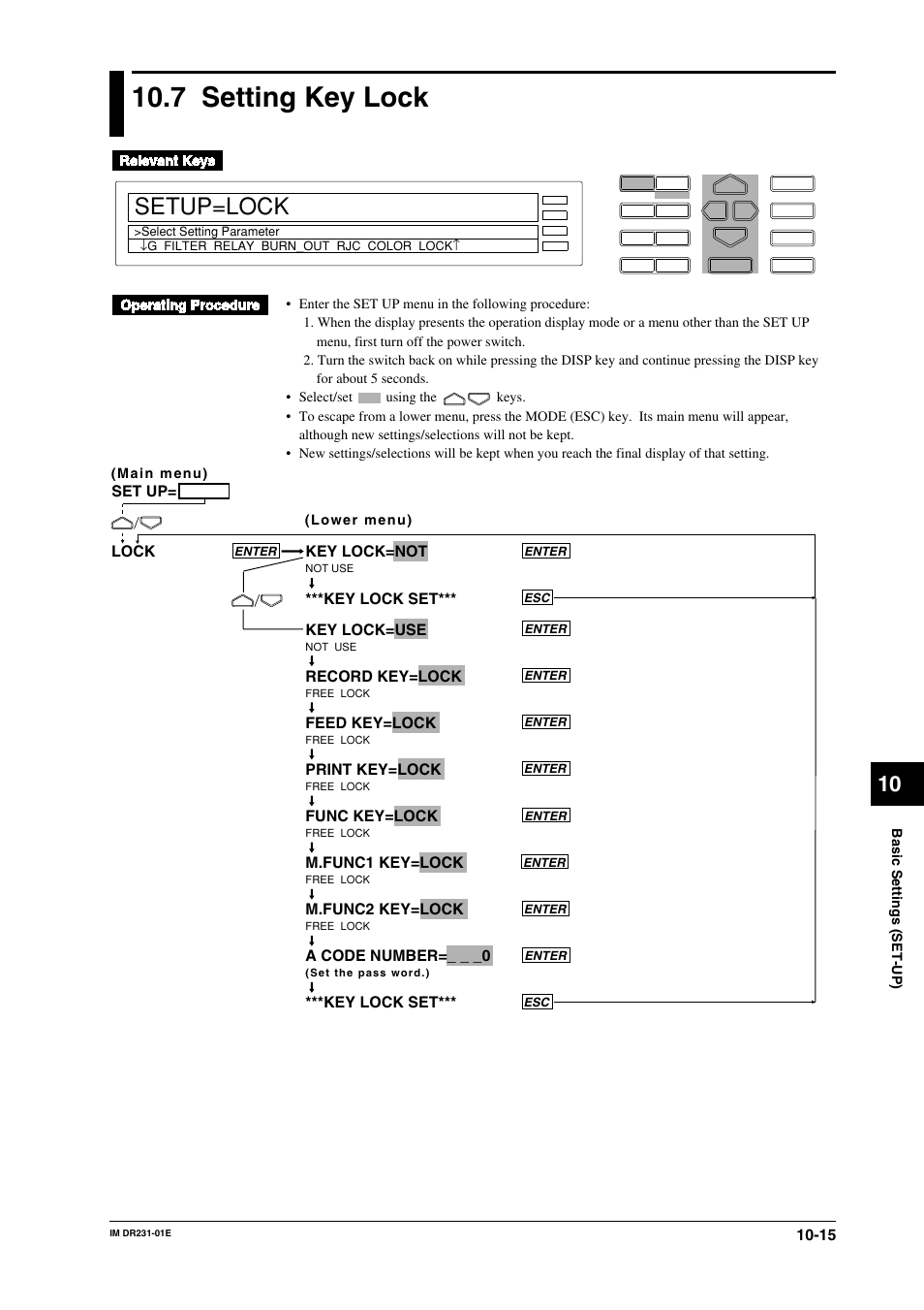 7 setting key lock, 7 setting key lock -15, Setup=lock | Key lock=not, Key lock set*** key lock=use, Record key=lock, Feed key=lock, Print key=lock, Func key=lock, M.func1 key=lock | Yokogawa DR240 User Manual | Page 157 / 255