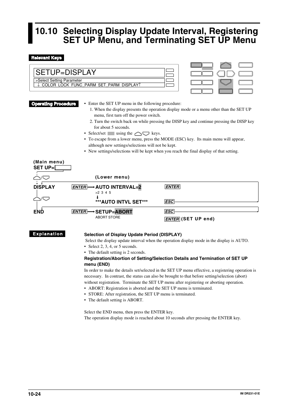 Setup=display, Auto interval=2, Auto intvl set*** setup=abort | Display end, Set up | Yokogawa DR240 User Manual | Page 166 / 255