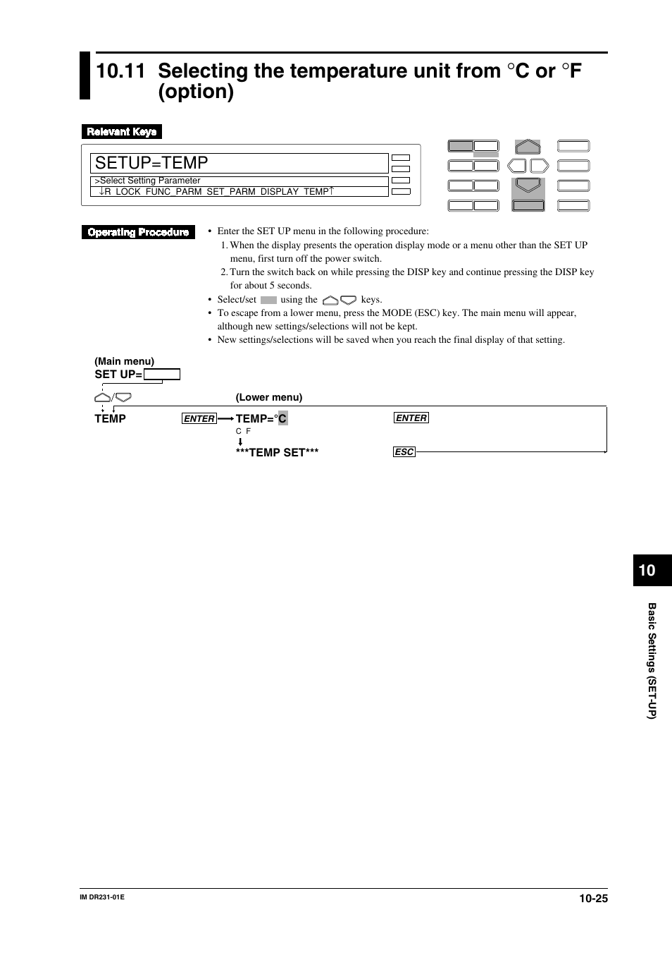 11 selecting the temperature unit from, C or °f (option) -25, C or | F(option), Setup=temp | Yokogawa DR240 User Manual | Page 167 / 255
